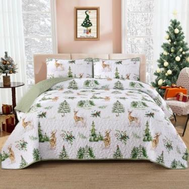 Imagem de DJY Conjunto de colcha de Natal king size com estampa de árvores de Natal, microfibra macia, verde, branco, inverno, férias de inverno, conjunto de colcha acolchoada com fronhas 284 x 224 cm