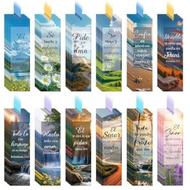 Imagem de AmazingSpark Marcadores de livro com 120 peças de versículos bíblicos espanhóis cristãos separadores de bíblia en espanhol paisagem espanhola inspiradores religiosos com corda para amantes de livros