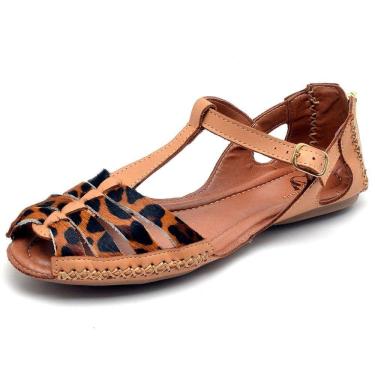 Imagem de Sandalia Rasteira Conforto Feminina Couro de Marrom Animal Print Salto Baixo Fecho Ziper e Fivela