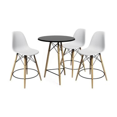 Imagem de Conjunto Mesa Bistrô Eames Eiffel Preta Com 3 Banquetas Brancas De Madeira - Cor: Preto