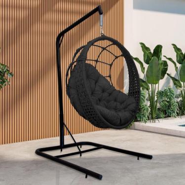 Imagem de Cadeira Balanço Ninho Suspenso Em Corda Náutica Luxo Com Suporte Preto
