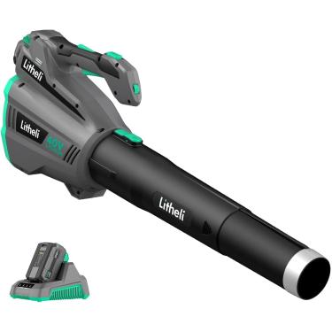 Imagem de Litheli Soprador de folhas sem fio 40V, sopradores de folhas de bateria para cuidados com o gramado, com motor sem escova, soprador axial para soprar folhas, poeira, neve, detritos, com bateria de 2,5