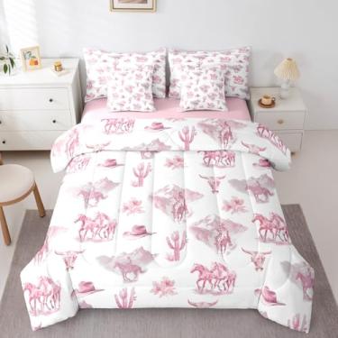 Imagem de Conjunto de cama solteiro de 7 peças, chapéu de vaqueira, flor rosa, cacto, touro, caveira, caubói montando, em uma bolsa com edredom, lençóis e fronhas, decoração de quarto infantil de meninos e