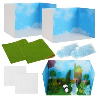 Imagem de Ecmln Kit de diorama de papelão com 8 peças, inclui caixa de diorama para exibição de grama artificial com fitas dupla-face, areia azul, ideal para meninos e meninas, artesanato DIY