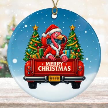 Imagem de DamienBrightGift Enfeite de Natal de Papai Noel Flamingo rosa - Caminhão vermelho de cerâmica com decoração de árvore - Presente engraçado de lembrança de feriado de pássaro tropical - Decoração de
