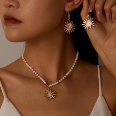 Imagem de Conjunto de brincos de colar com contas de sol e lua para mulheres, joias com pingente de explosão de sol em ouro, brincos pendurados, acessórios celestiais retrô, gargantilha com contas, presentes de