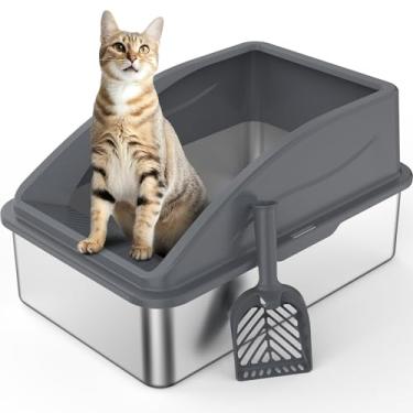 Imagem de Caixa de areia de aço inoxidável para gatos grandes | Caixas de areia para gatos fechadas XL com tampa | Lado alto, antivazamento de urina | Fundo antiaderente