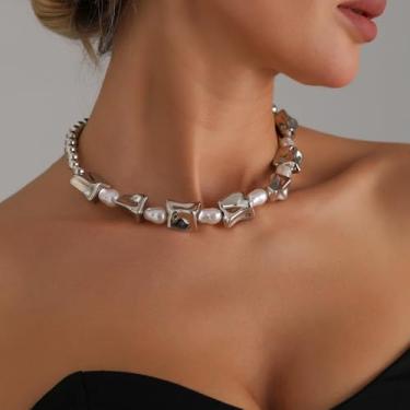 Imagem de Colar de metal líquido irregular, corrente de clavícula grossa leve e luxuosa para mulheres, presente moderno com contas de pera em camadas do Instagram