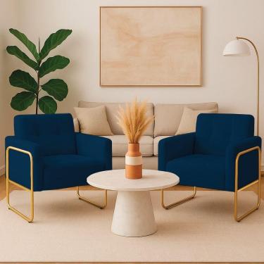 Imagem de Poltrona Sala Industrial Alta Tubo Dourado Kit 2 Elisa Bouclê Azul D03 - D`rossi