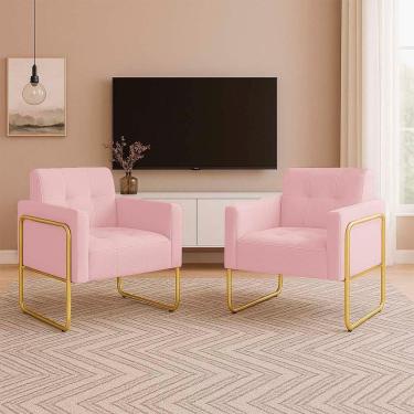 Imagem de Poltrona Sala Industrial Alta Tubo Dourado Kit 2 Elisa Suede D03 - D`rossi Cor Rosa Bebê