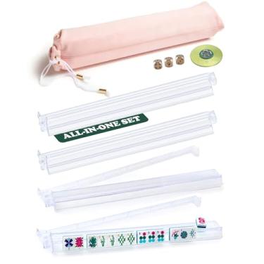 Imagem de Dawnrait® All-in-one Mahjong Racks with Pushers Set of 4: Clear Acrylic Mah Jong Tile Rack with Pink Carrying Storage Bag - Travel Mah Jong Accessories and Gifts Supplies Kit with Compass, Metal Dice