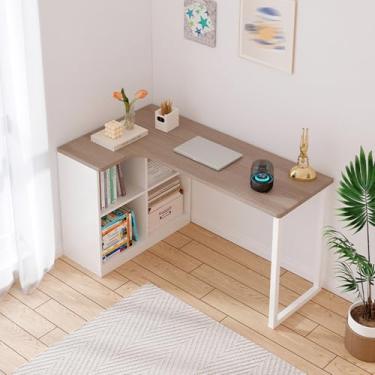 Imagem de Yadlan Kids L Shaped Desk with Storage, Corner Desk for Small Space Kids, Children Study Desk and Writing Table, L-Shaped Corner Home Office Study Laptop Pc Work Table Walnut Color 140cm Left