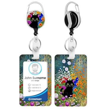 Imagem de Cordão floral de gato fofo para suporte de crachás, chaveiro retrátil, carretel de crachá fofo com clipe mosquetão de rotação de 360 graus