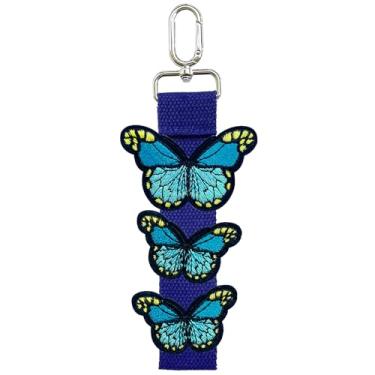 Imagem de CHAJAONE Chaveiro bordado de borboleta DIY - Patch de passar a ferro + pulseira de chaveiro, cordão de decoração para bolsa de chaveiro, carteira de bagagem, Azul, 2.8" x 8.1"