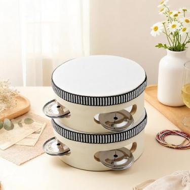 Imagem de Tambor de pandeiro de casamento 2 peças para adultos Pandeiros a granel 10 cm com jingles de metal, etiquetas, fita, instrumento de percussão de mão de madeira musical pequeno para igreja, festa de