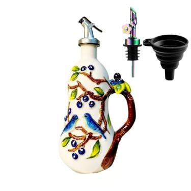 Imagem de Dispensador de garrafa de azeite de oliva de cerâmica pintada à mão de 510 g para cozinha, garrafa de óleo e vinagre, garrafa de tempero com bocal de aço inoxidável, recipiente de óleo de 540 ml com
