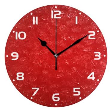 Imagem de JUZIHAI Relógio de parede liso vermelho cor sólida silencioso, sem tique-taque, relógios de parede redondos operados por bateria, fácil de ler, relógio decorativo de parede para casa, cozinha, sala de