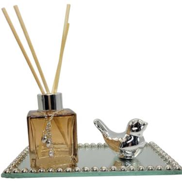 Imagem de Kit Difusor de Aroma 100ml com Bandeja Decorada e Passarinho – Frasco de Vidro Ambar para Casa, Aromatizador e Decoração Elegante(PRATA)