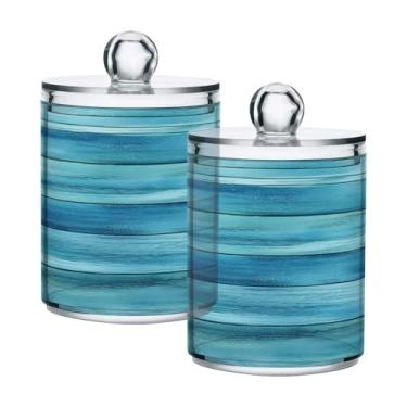 Imagem de Qilmy Suporte Qtip de fundo de madeira azul-petróleo aquarela, pacote com 2, frascos de boticário de 400 ml, vasilha organizadora de banheiro para cotonetes, bolas de algodão, almofadas de maquiagem