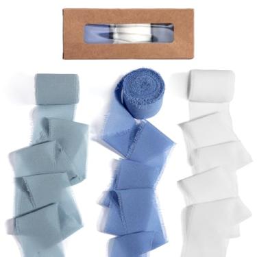 Imagem de 3 rolos de fita de chiffon com franja feita à mão azul empoeirado, azul/bege, 3,8 cm x 5,4 m, fitas de seda com franjas desgastadas artesanais para convites de casamento, buquês de noiva de flores