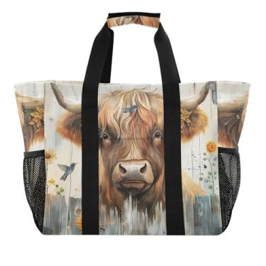 Imagem de ODAWA Bolsa de praia de lona aberta rústica de vaca highland girassóis pássaros para uso diário e academia, bolsa de praia impermeável para piscina, Rústico Highland Cow Girassóis Pássaros, One Size