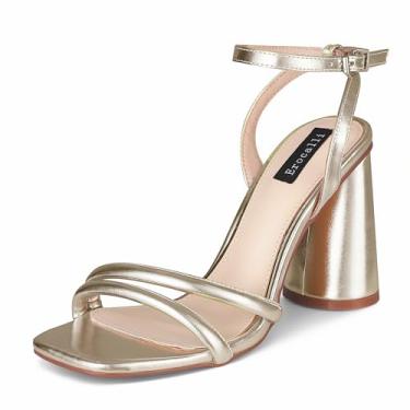 Imagem de Erocalli Salto feminino com tiras pretas bico quadrado aberto confortável tira no tornozelo sandálias de festa salto bloco vestido, Dourado, 36