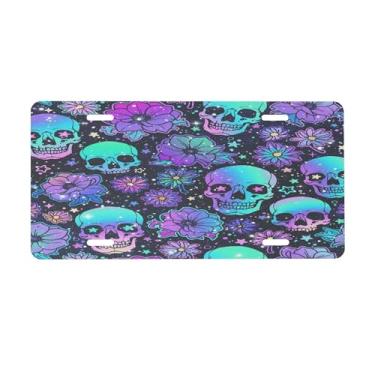 Imagem de Placa de licença abstrata de caveira colorida para placas de carro dianteiras de alumínio metal adequado para caminhão, placa de porta de carro, bar, café, acessórios automotivos para homens e