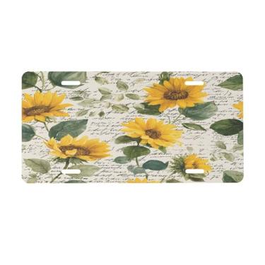 Imagem de Placa de licença retrô floral de girassol para frente do carro placas de carro alumínio metal adequado para caminhão, placa de porta de carro, bar, café, acessórios automotivos para homens e mulheres