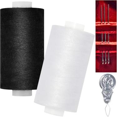 Imagem de Linha de costura multiuso - 2 carretéis de linha de costura manual de poliéster com 3 agulhas, 1 enfiador de agulha para máquina de costura para costura manual e máquina (branco e preto, 2 carretéis)