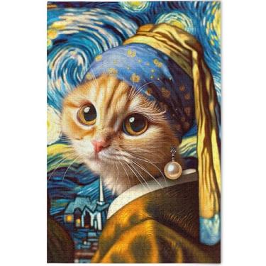 Imagem de Quebra-cabeça de gato engraçado com brinco de pérola, 1000 peças, presentes para amantes de quebra-cabeças, quebra-cabeças grandes legais de arte animal, 75 x 50 cm