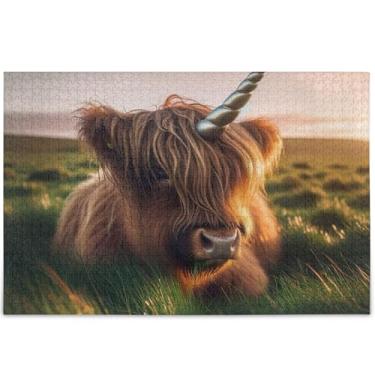 Imagem de Quebra-cabeças personalizados de unicórnio de gado das terras altas, 1000 peças para adultos, presentes engraçados de jogo de quebra-cabeça, arte com estampa de animais, 75 x 50 cm