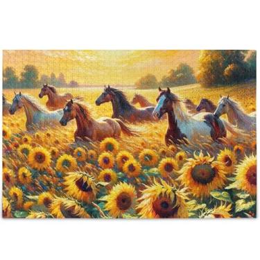 Imagem de Quebra-cabeça de girassóis cavalos personalizados para adultos 1000 peças engraçadas divertidas elefantes brancos presentes exclusivos divertidos brinquedo adulto arte animal impressão, 75 x 50 cm