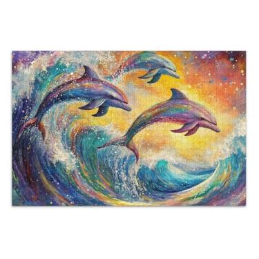 Imagem de Quebra-cabeças para adultos, 1000 peças, natureza, brinquedo, arte, personalizado, divertido, adulto, golfinhos coloridos, ondas do oceano, quebra-cabeça, presentes, 75 x 40 cm