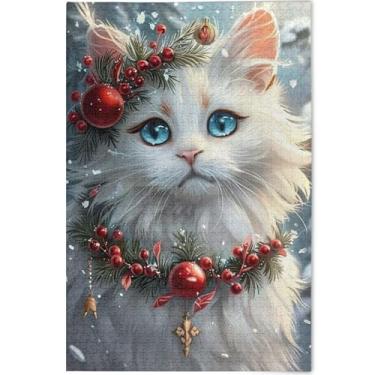 Imagem de Quebra-cabeça de Natal de gato branco para adultos 500 peças presentes de festa de elefante branco arte personalizada quebra-cabeças rígidos paisagem arte, 52 cm x 37,8 cm