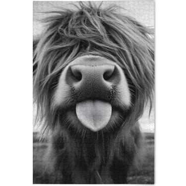 Imagem de Quebra-cabeça monocromático fofo de vaca Highland para adultos, 500 peças, presentes de elefantes brancos, presentes para a família principal, pintura personalizada de arte animal, 52 x 37,8 cm