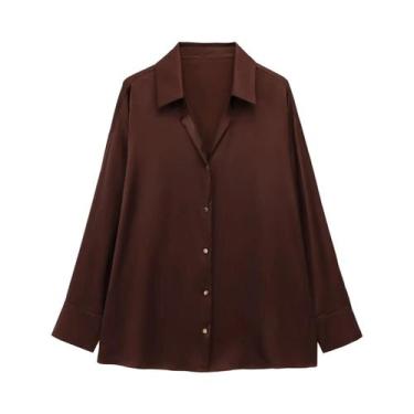 Imagem de Camisa Feminina De Manga Longa Com Botões, Corte Relaxado, Gola Pontud
