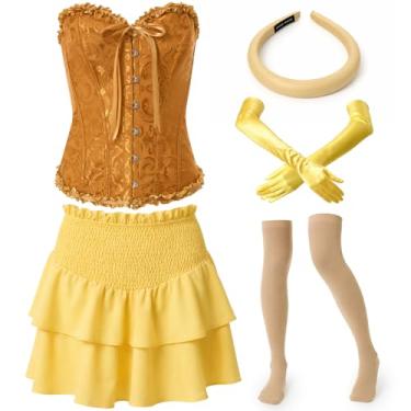Imagem de Shyyween O conjunto de fantasia de princesa azul adulto inclui espartilho, minissaia, faixa de cabelo, luvas longas de cetim, meias até o joelho, Amarelo, P