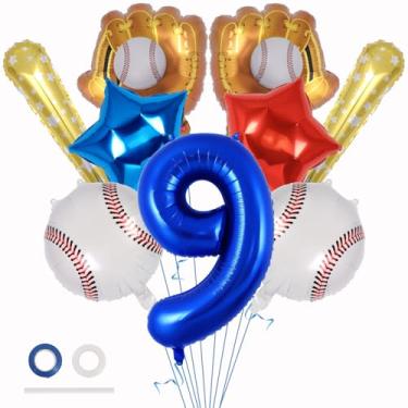 Imagem de Balões de beisebol, decorações de aniversário de 9 anos de beisebol, balão número 9 de 101 cm para crianças, aniversário, esportes temáticos, suprimentos de festa (número 9)