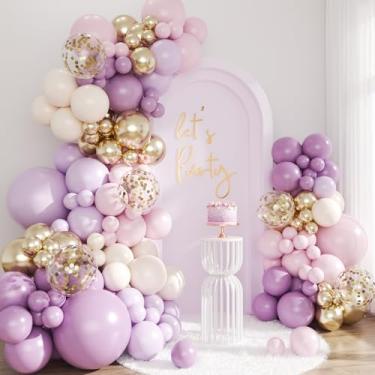 Imagem de Kit de arco de balão roxo, 143 peças macaron empoeirado rosa roxo lavanda balões guirlanda arco kit areia ouro branco balões confetes para aniversário, chá de panela, noivado, casamento, chá de bebê