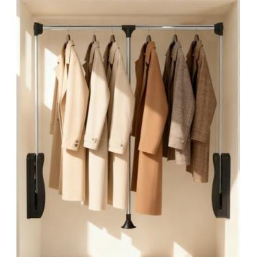 Imagem de Haste de armário para pendurar roupas, haste de pendurar para armário resistente de 15 kg, ajustável, 83 a 114 cm, organizador de trilho de elevação de guarda-roupa (montado na lateral, preto)