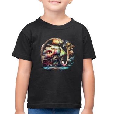 Imagem de Camiseta Algodão Infantil Navio e Flores - Foca na Moda, Preto, 10