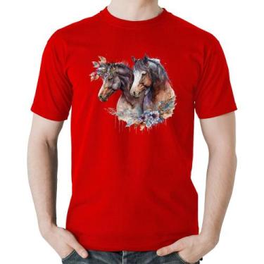 Imagem de Camiseta Algodão Casal de cavalos e flores - Foca na Moda, Vermelho, G