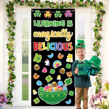 Imagem de Decoração de porta do Dia de São Patrício Learning Is Magically Delicious Faixa de porta de sala de aula trevo da sorte portas da frente irlandesas pano de fundo pendurado para escola, casa, decoração