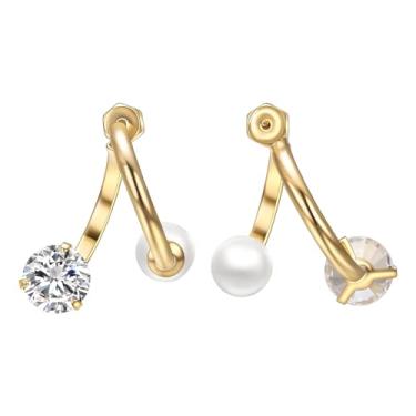 Imagem de Airokiy Brincos de pérola dupla para mulheres, banhado a ouro 14K, zircônia cúbica, joia delicada em forma de C