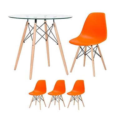 Imagem de Loft7, Kit - Mesa Eames com tampo de vidro 80 cm + 3 cadeiras Eiffel Dsw Laranja