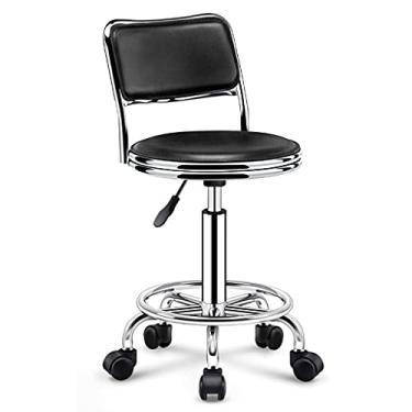 Imagem de SGeneE Banqueta redonda com almofada para as costas, cadeira giratória de couro PU, cadeira giratória de altura ajustável, cadeiras de escritório e cozinha, banquetas de loja de desenho com rodas f