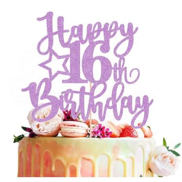 Imagem de MYAMPED Topo de bolo de feliz aniversário de 16 anos - decoração de bolo de aniversário de 16 anos roxo claro com glitter, brinde aos 16 anos, decoração fabulosa, adereços para cabine de fotos
