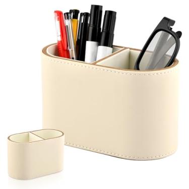 Imagem de Ovrilossa Suporte de caneta de couro PU, organizador de mesa pequeno com controle remoto com 2 compartimentos, organizador de maquiagem multifuncional e elegante, suporte de pincel de maquiagem, para