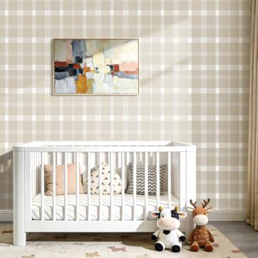 Imagem de Stickyart Papel de parede xadrez vintage tartan 44,5 cm x 701 cm descasque e cole papel de parede xadrez neutro autoadesivo bege branco tartan papel de contato quadriculado para quarto sala de estar