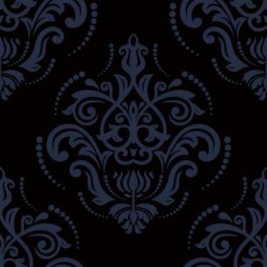 Imagem de VaryFloral Descasque e cole papel de parede damasco tradicional, papel de parede retrô azul marinho preto, papel de contato damasco escuro temperamental para armários, cobertura de parede de quarto